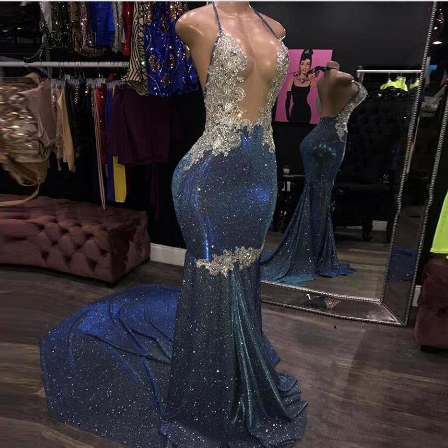 Black Girl Prom Dress Cheap Sparkle Blue Sexy Prom Dresses | Mermaid Silver Aplliques Long Evening Gowns C4074