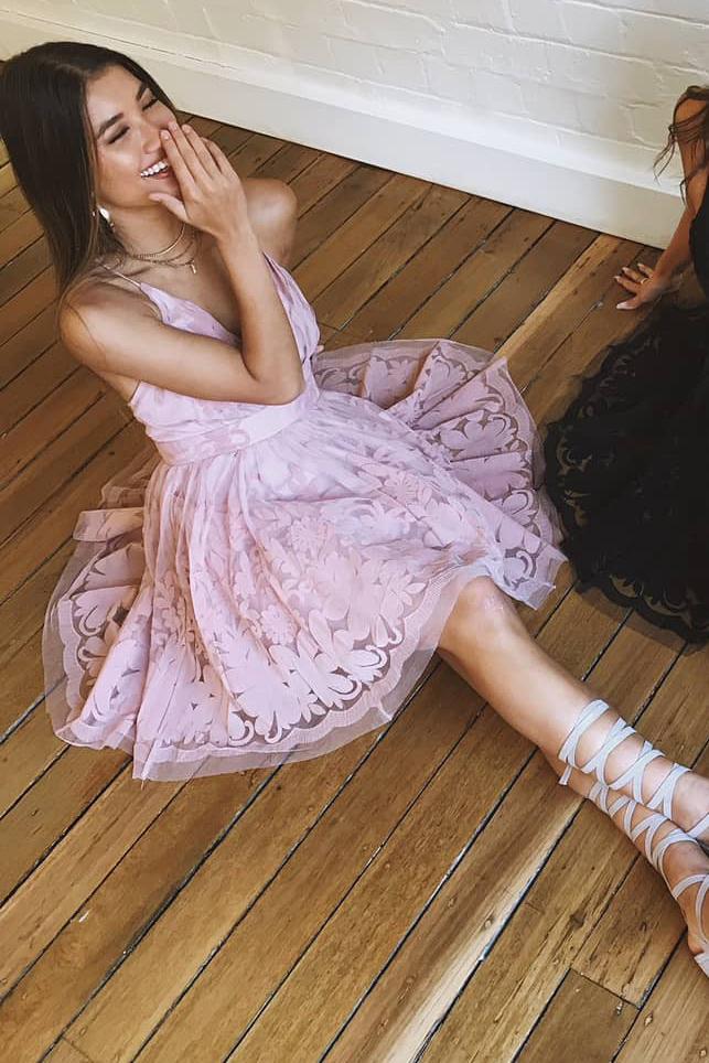 Cute Straps Pink Lace Homecoming Dress SA582