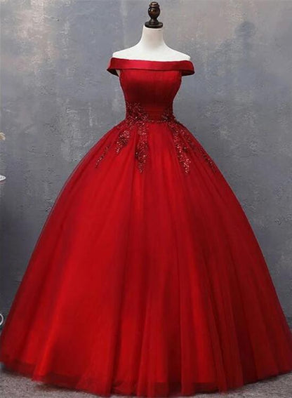 Red Tulle Long Off the Shoulder Sweet 16 Dress, Red Party Gown KS6097