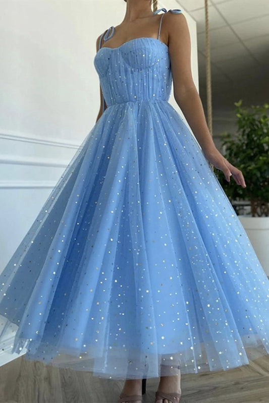 Spaghetti Straps Sequins Blue Tea Length Prom Dress, Blue Tea length Formal Homecoming Dress, Sequins Evening Dress KS6784