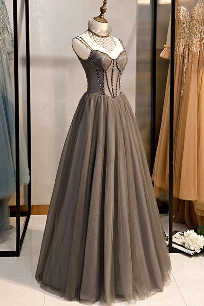 Grey Tulle Long Banquet Party Dress Sweetheart A Line Custom Size Prom Dress KS6525
