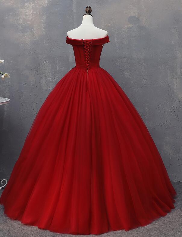 Red Tulle Long Off the Shoulder Sweet 16 Dress, Red Party Gown KS6097