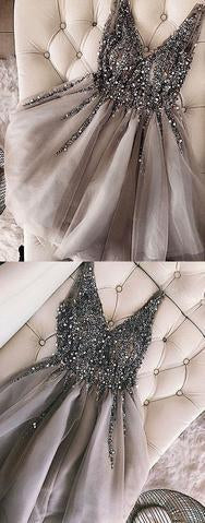 Luxurious Sequins Beaded V-neck Tulle Short Gray Homecoming Dresses SA1483