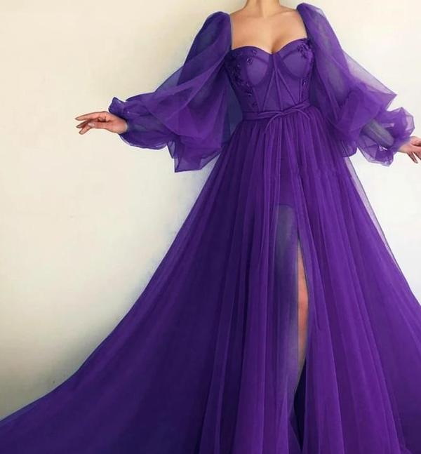 Tulle Evening Dress, Long Sleeves Long Prom Dress P3663