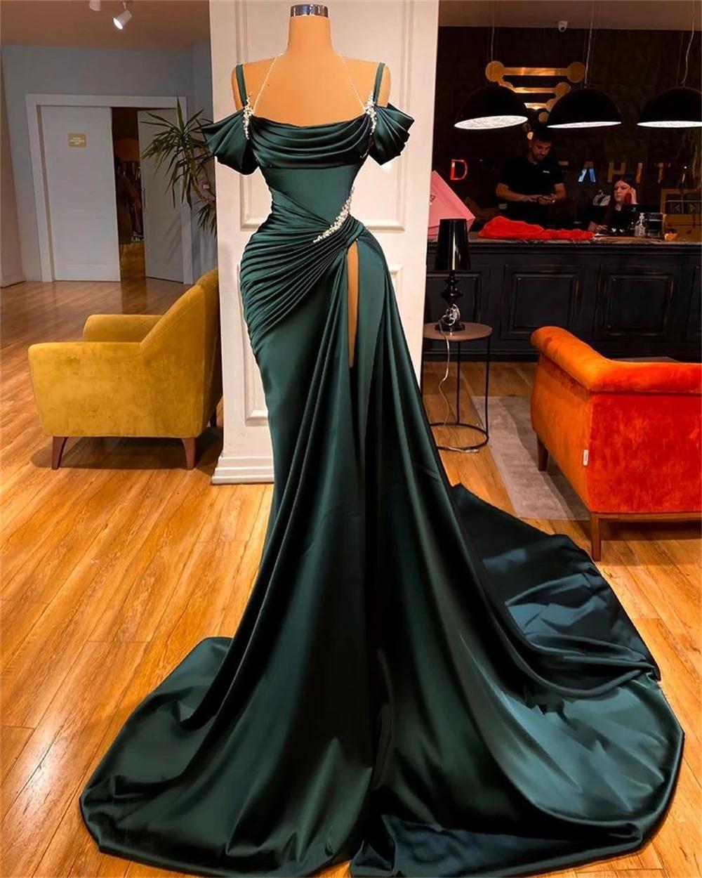 Sexy Dark Green Satin Mermaid Prom Dresses 2022 Spaghetti Straps Pleats Seep Train Formal Evening Occasion Pageant Gowns SA1038