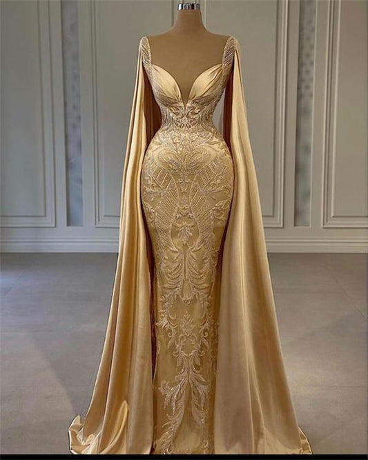 Gold Mermaid Prom Dresses With Wrap Beaded Lace Appliqued Evening Dress Party Second Reception Gowns Plus Size SA1084