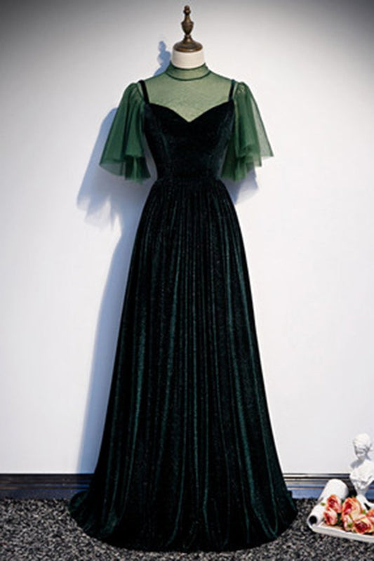 Deep Green Tulle Velvet Cap Sleeve Long Dress Customize Formal Prom Dress KS7340