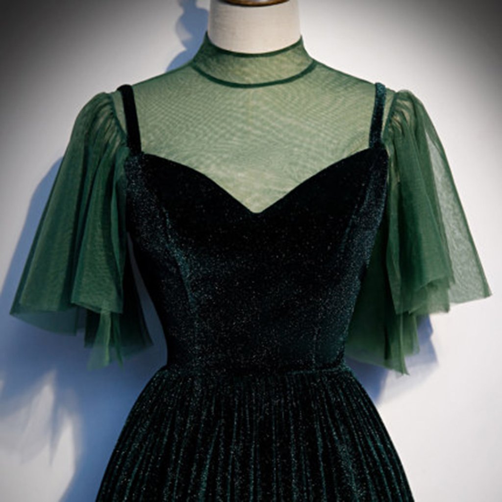 Deep Green Tulle Velvet Cap Sleeve Long Dress Customize Formal Prom Dress KS7340