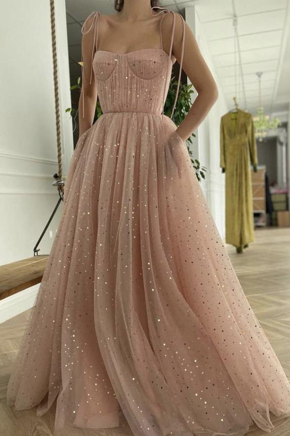 Pink tulle long A line prom dress pink evening dress KS8166