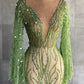 Sexy Deep V Neck Green Prom Dress Full Sleeve Crystals Sequined Mermaid Fashion Evening Gown Pageant Dresses KS7126