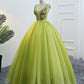 Fresh Green Tulle V Neck Long Lace Up Senior Prom Dress With Applique KS7481