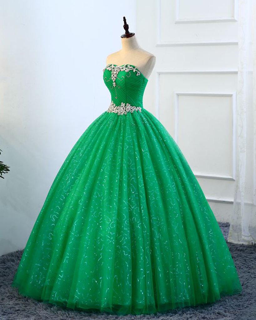 Strapless Green Sequins Tulle Long A Line Beaded Prom Dress, Formal Dress KS7480