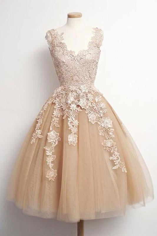 Champagne tulle lace short prom dress, cute homecoming dress KS7527