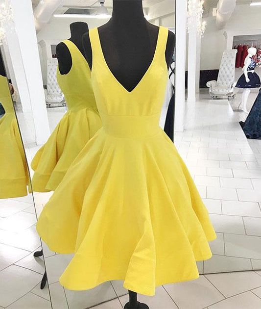 Yellow v neck satin short prom dress, yellow homecoming dress P3065