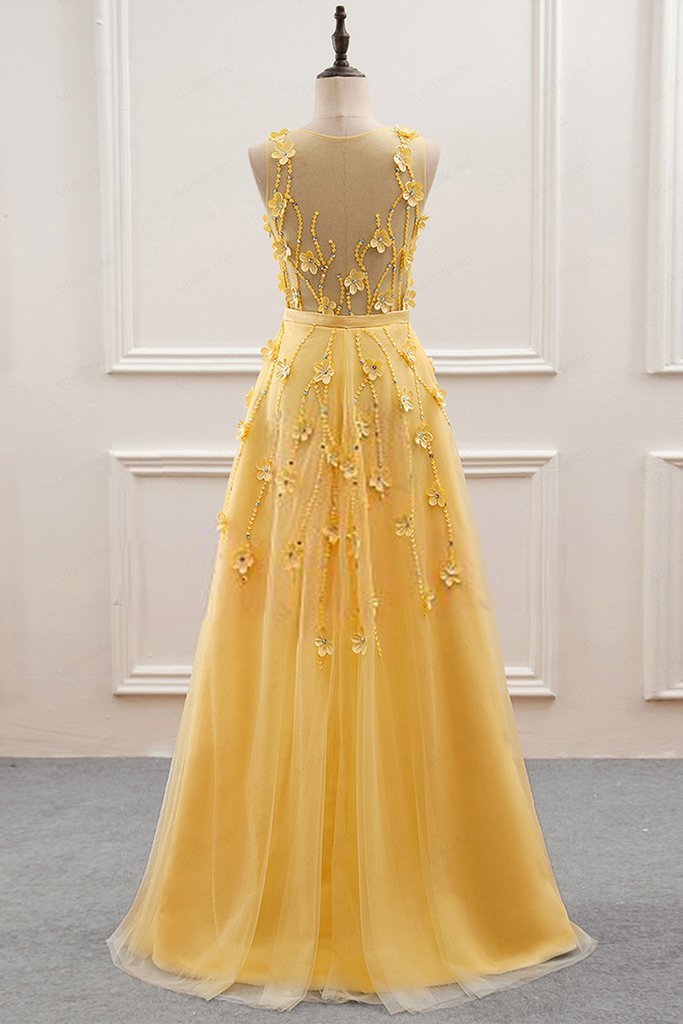 Yellow Flowers Tulle Long New Prom Dress, A-line Party Dress KS5584 ...