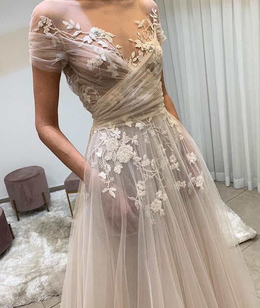 Light champagne tulle lace long prom dress, lace evening dress KS4480