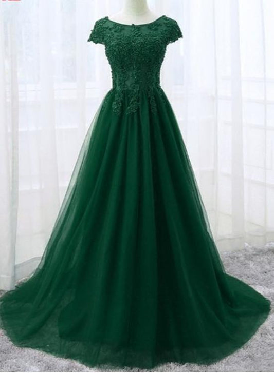 Elegant Cap Sleeve Lace Applique Tulle Party Dress Prom Gowns KS6330