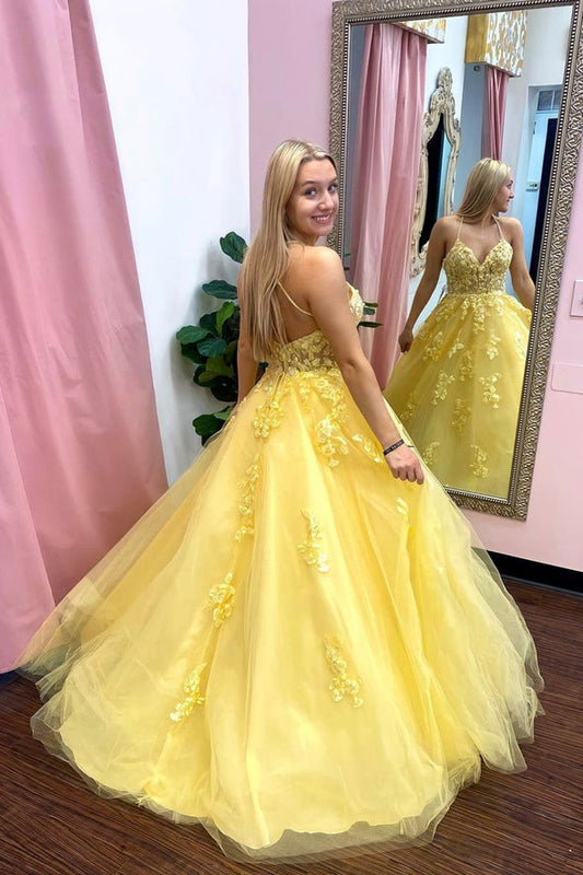 Yellow tulle lace long prom dress yellow evening dress SA1179