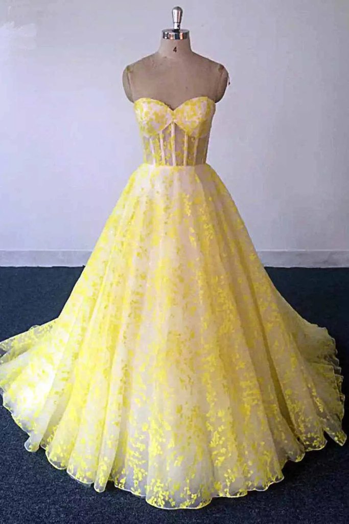 Yellow Lace Sweetheart Long Graduation Dress, A Line Prom Dress For Teens KS8116