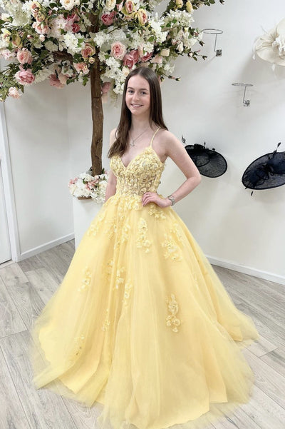 Yellow tulle lace long prom dress A line evening dress SA1411