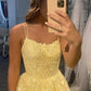 Yellow lace long A line prom dress evening dress SA440
