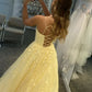 Yellow lace long A line prom dress evening dress SA440