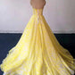 Yellow Lace Sweetheart Long Graduation Dress, A Line Prom Dress For Teens KS8116