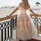 Ivory/Pink Tea Length Short Prom Dress Homecoming Short Gown with Flowers SA956