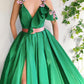 Green Satin Flower Prom Dresses High Split Side Cold Shoulder Appliques Formal Evening Party Gowns SA1680