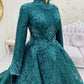 Teal Green Lace Appliques Muslim Prom Dress High Neck Long Sleeve Dubai Kaftan Saudi Arabic Evening Formal Party Gown SA1677