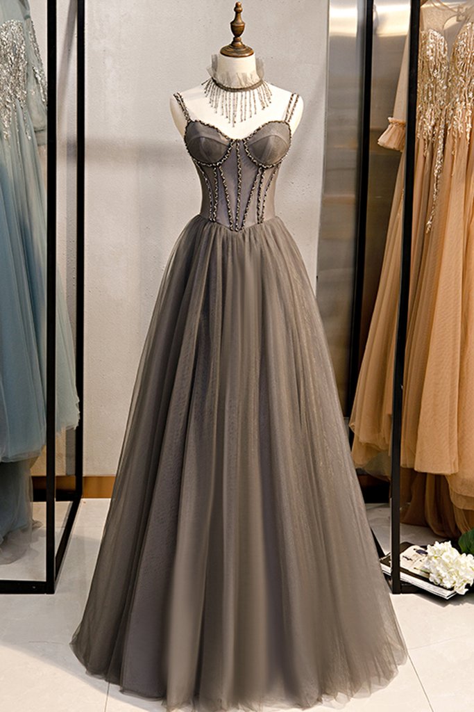 Grey Tulle Long Banquet Party Dress Sweetheart A Line Custom Size Prom Dress KS6525