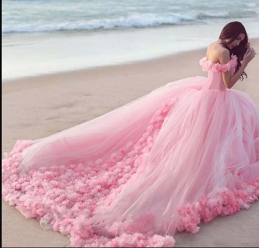 Romantic Poofy Pink Floral Wedding Dresses Off the Shoulder Ball Gown Quinceanera Dress SA933