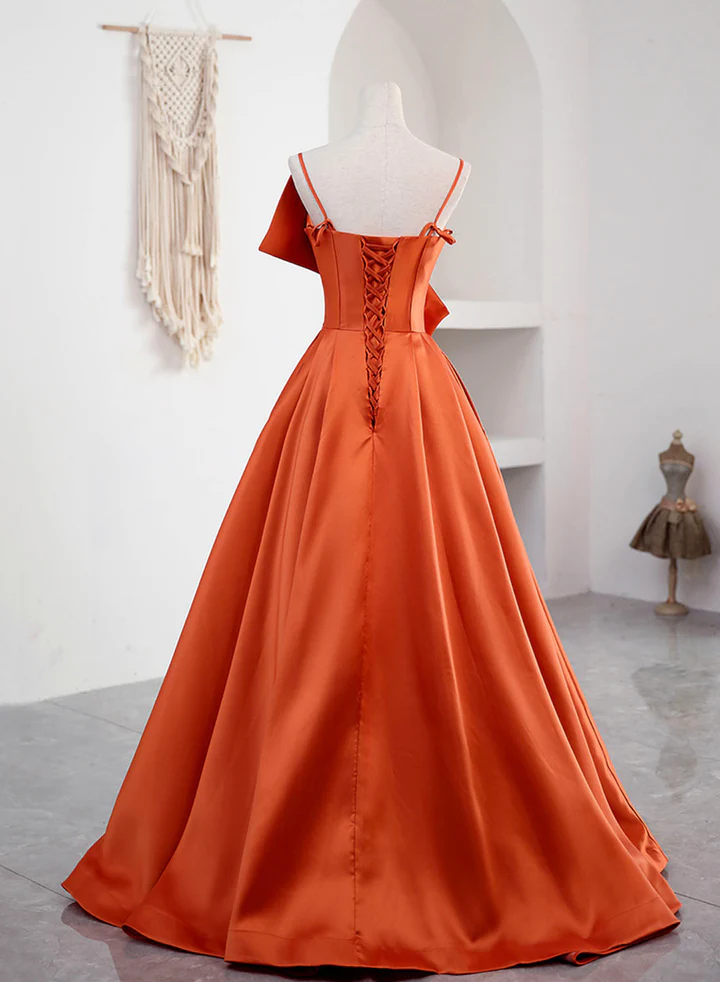 Elegant Spaghetti Straps Orange Satin Long Formal Prom Dress  SH563