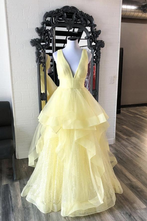 Yellow tulle sequins long A line prom dress evening dress KS6599