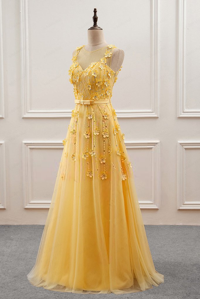 Yellow Flowers Tulle Long New Prom Dress, A-line Party Dress KS5584