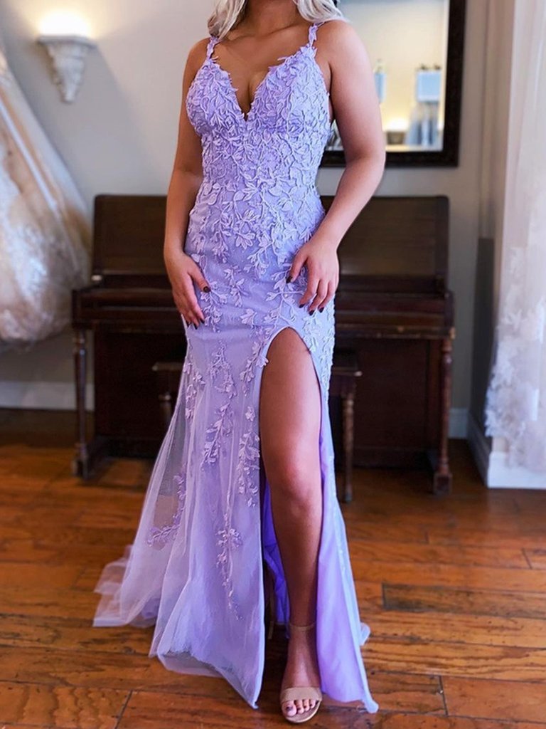 Mermaid V Neck Purple Lace Long Prom Dresses, Purple Lace Formal Dresses, Mermaid Purple Evening Dresses KS5018
