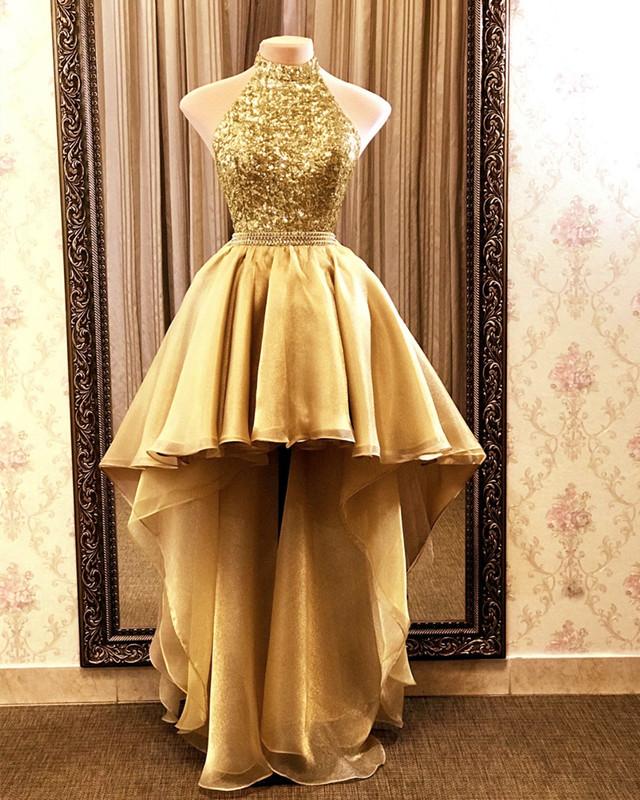 Gold High Low Sequin Organza Prom Dresses Halter Backless Formal Evening Party Gown Dress Robe De Soiree SA1678
