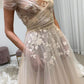 Light champagne tulle lace long prom dress, lace evening dress KS4480