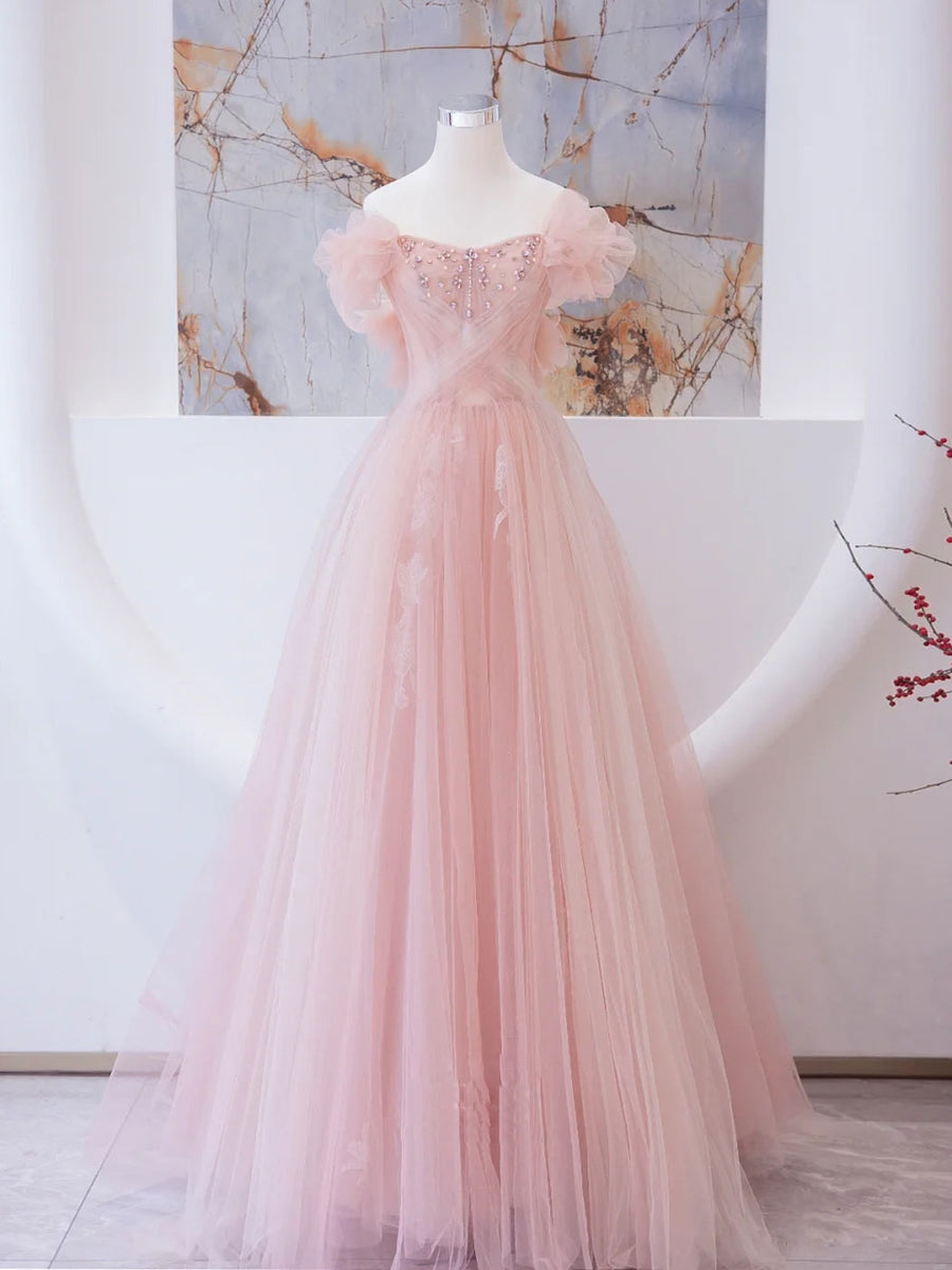 Pink tulle lace beads long prom dress, pink A line evening dress SA1622