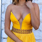 Yellow v neck chiffon long prom dress, yellow evening dress KS4782