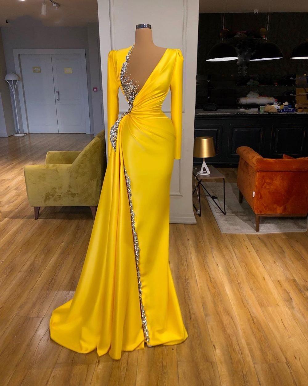 Yellow Mermaid Formal Prom Dresses Long Sleeves Shiny Crystals Beaded V Neck Evening Dress Party Gowns Full Length SA1251