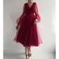 Charming Puffy Long Sleeve Burgundy Tea Length Long Prom Dress/Evening Gown T1641