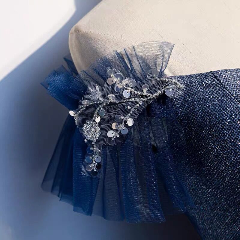 Navy Blue tulle long prom dress blue evening dress A01