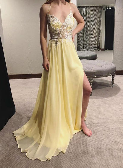Yellow v neck chiffon lace long prom dress, evening dress KS1702