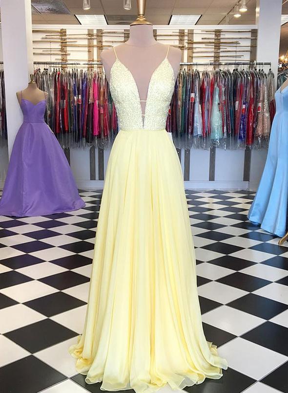 Yellow A line chiffon sequins long prom dress, evening dress KS1967
