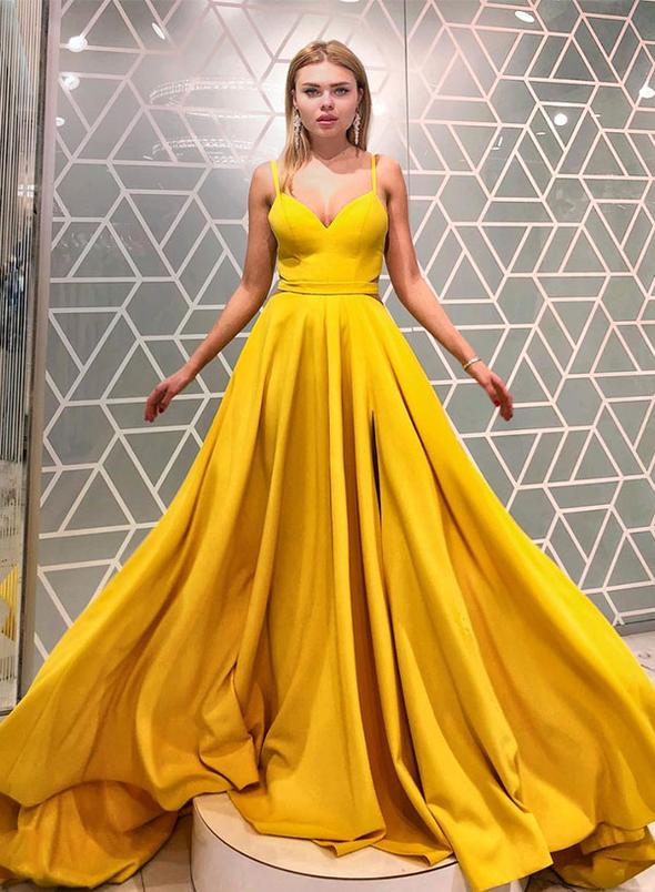 Yellow v neck long prom dress, yellow evening dress KS1960