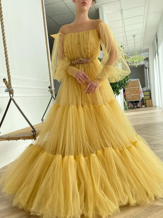 Yellow round neck tulle beads long prom dress, yellow evening dress SA264