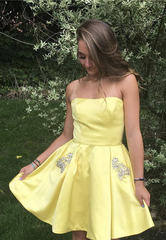 Yellow satin short prom dress homecoming dress KS3981