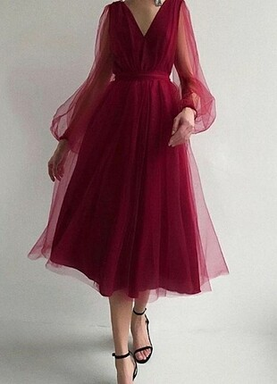 Charming Puffy Long Sleeve Burgundy Tea Length Long Prom Dress/Evening Gown T1641