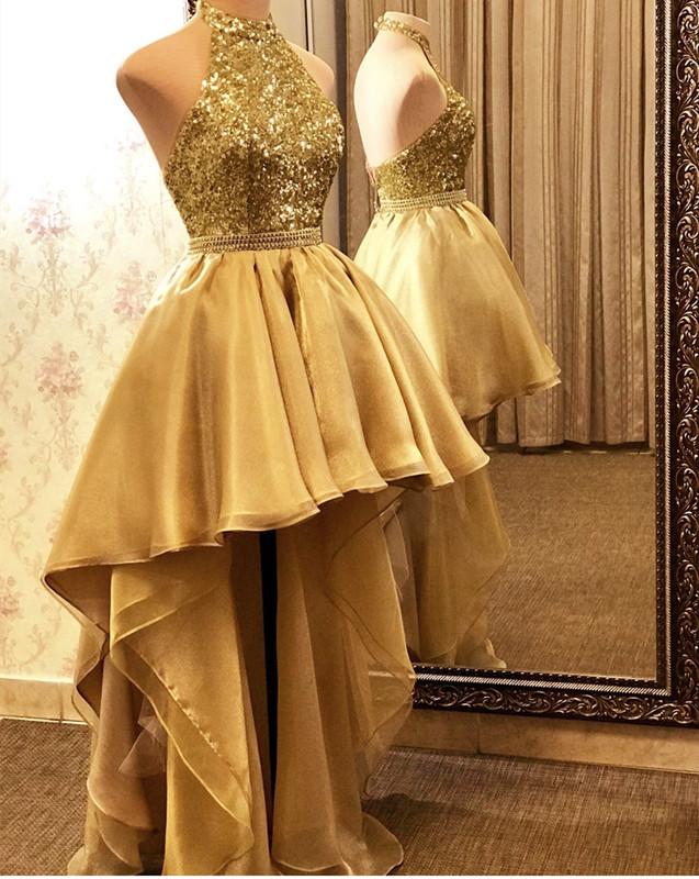 Gold High Low Sequin Organza Prom Dresses Halter Backless Formal Eveni shinydress Gold High Low Sequin Organza Prom Dresses Halter Backless Formal Eveni shinydress